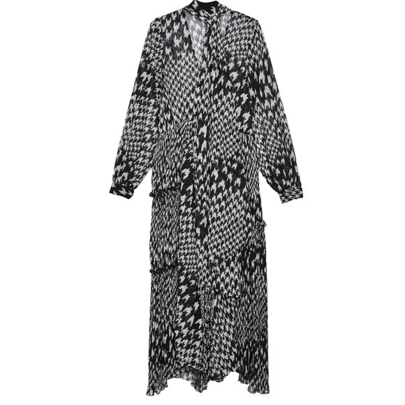 Topshop Black and White Houndstooth Tie Neck Semi Sheer Flowy Midi Dress Size 8 - Picture 4 of 13